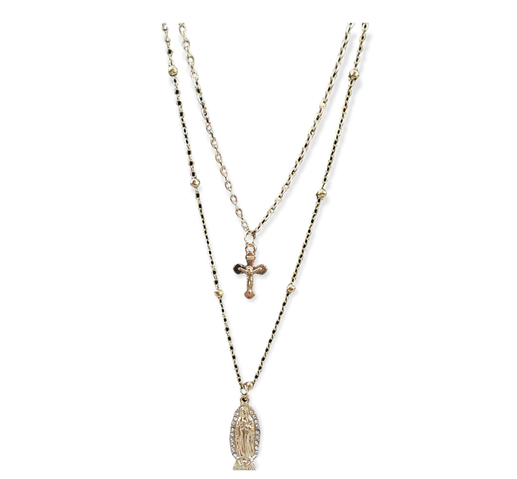 Crystal Mary & Cross 2 Piece Necklace